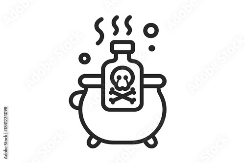 Cauldron boiling a dangerous potion with a bottle of deadly liquid marked with skull and crossbones