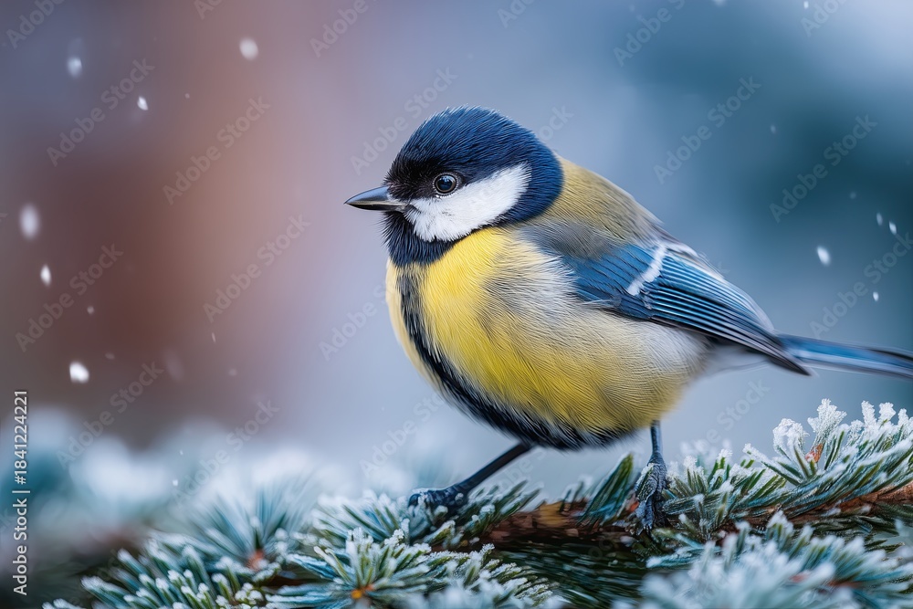 Obraz premium A great tit bird perched on a frosty fir branch, surrounded by soft snowfall.