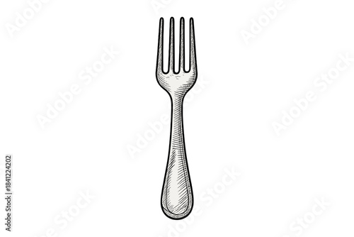 Classic metal dining fork utensil engraved style with hatching shading details