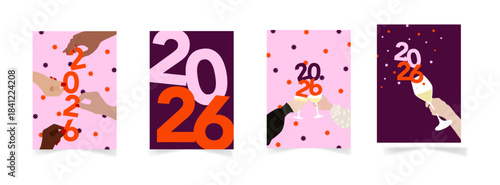 Cartes de voeux modernes et colorés pour souhaiter une bonne année 2026 - Illustration vectorielles dans les tons rose et orange avec des coupes de champagne