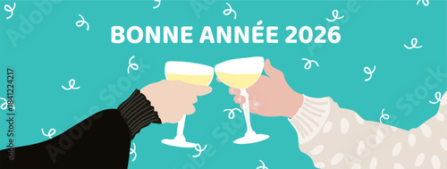 Bannière web bonne année 2026, illustrée avec 2 coupes de champagne et des cotillons-fond bleu turquoise