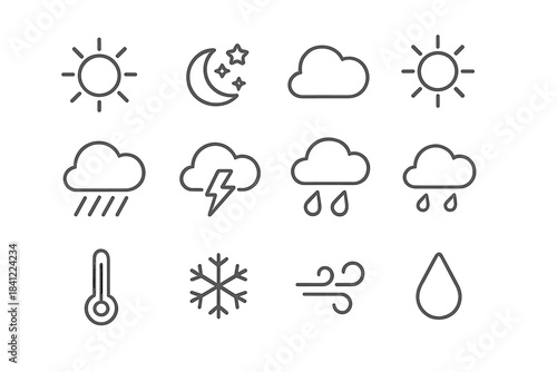 Minimalist outline symbols for meteorological applications showing sun, rain, snow, wind, and temperature changes