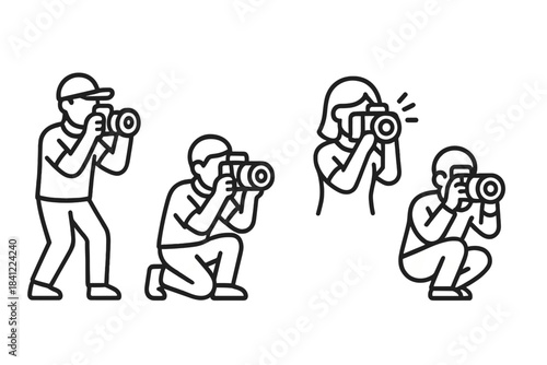 Collection of four outline icons showing photographers taking pictures in various poses and actions