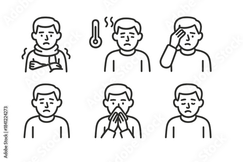 Common sickness symptoms including high temperature, chills, headache, and sneezing