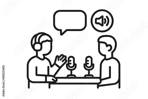 Live podcast interview session with two hosts speaking into microphones