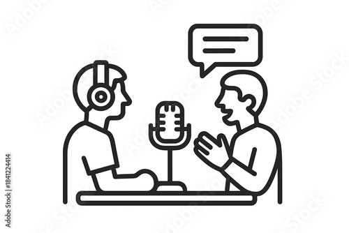 Two people recording a podcast interview with microphone and headphones
