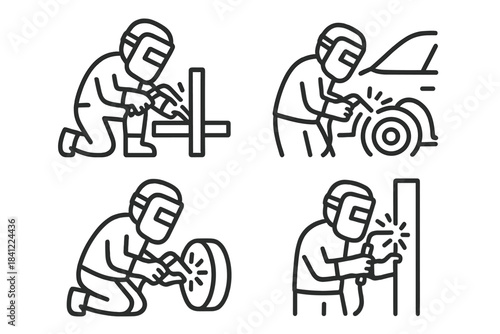 Welding icons showing workers performing metal fabrication and auto repair tasks