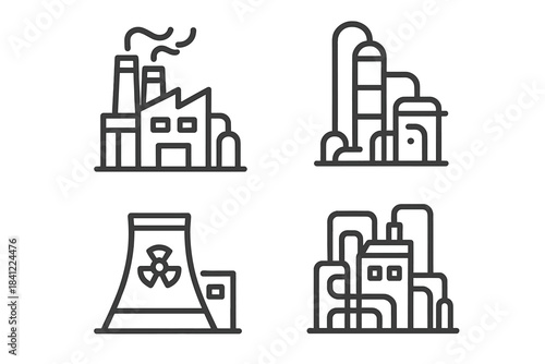 Outline symbols of industrial facilities including factory, refinery, and nuclear power plant