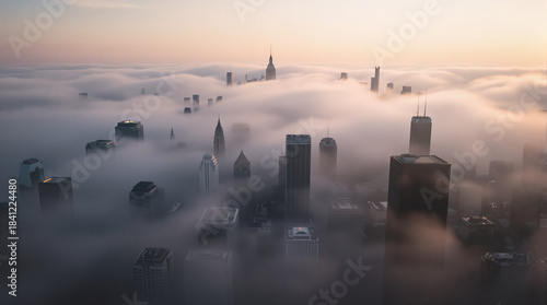 Cityscape Amidst the Clouds: An aerial view showcases the city's towering skyscrapers emerging gracefully from a sea of ethereal clouds, casting a spell of grandeur and mystique.