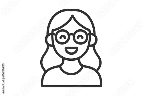Portrait of a cheerful young woman with long hair wearing round spectacles and smiling widely