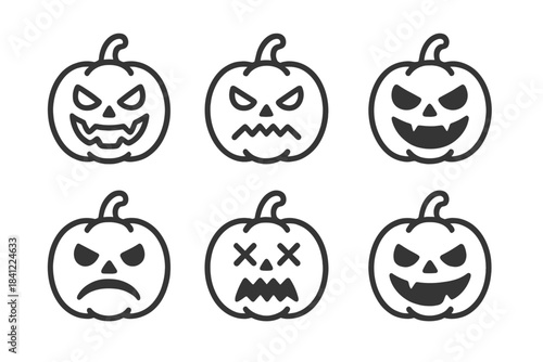 Six spooky Halloween pumpkins showing different angry and scary jack-o'-lantern faces