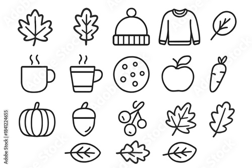 Collection of autumn and fall season elements including leaves pumpkin sweater hot drinks and harvest