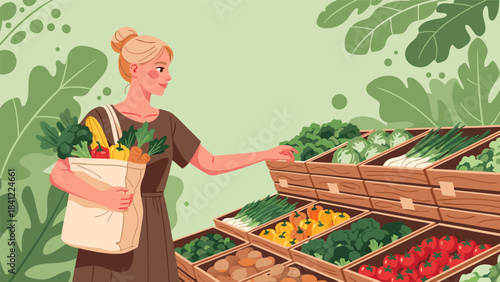 A woman with blonde hair in a brown dress is shopping for fresh produce at a grocery store, holding a reusable bag filled with vegetables.