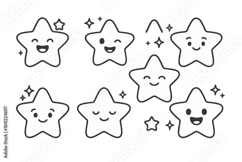 Collection of seven outline stars featuring cheerful faces and sparkling details
