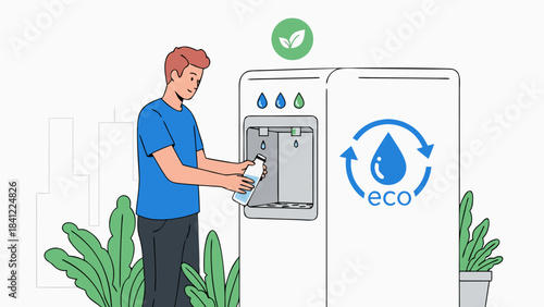 A man refills a reusable water bottle at an eco-friendly water dispenser, promoting sustainability.
