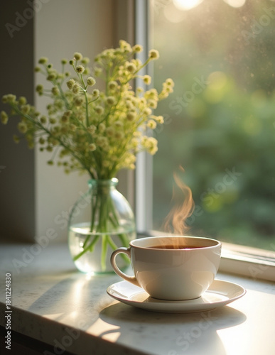 cup of coffee and flowers
