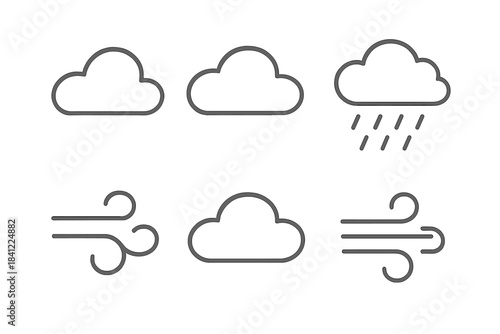 Simple outline symbols showing various weather conditions including clouds, rain, and strong wind
