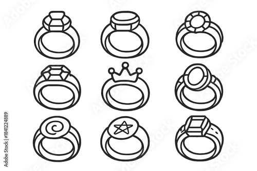 Collection of nine different jewelry rings set with various diamonds and gemstones