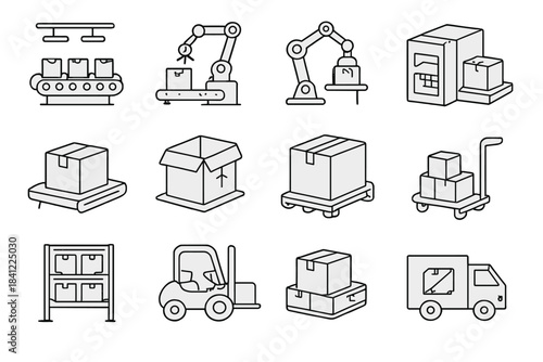 Black and white line symbols for logistics, warehouse automation, delivery, packaging, and material handling