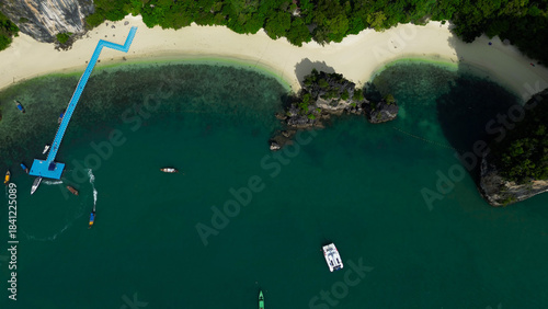 Travel in Thailand, popular destinations in Thailand. Hong Island in Krabi Province, a popular daytrip destination. A vertical top-down view of the coastline.
