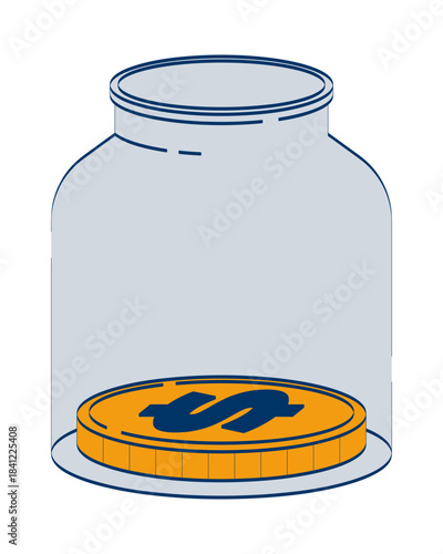 Single coin inside transparent glass jar 2D doodle object. Insufficient money. Limited savings. Low income cartoon element flat vector clipart isolated on white background. Hand drawn illustration
