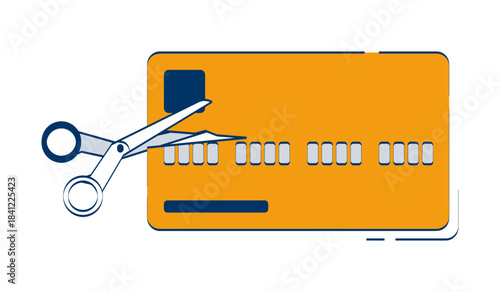 Scissors cutting credit card 2D doodle object. Debt elimination. Financial freedom. Creditcard cancellation cartoon element flat vector clipart isolated on white background. Hand drawn illustration