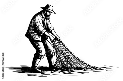 Bearded fisherman hauling heavy fishing net Vector black and white sketch illustration of manual worker catching fish in vintage style