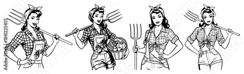 Retro pin-up woman farmer vector set vintage black and white illustration of a female gardener with a pitchfork and harvest basket