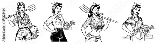 Set of retro pin-up farmer women Vector black and white illustration of vintage girls in farm clothes holding pitchforks and harvest baskets