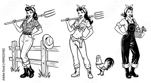 Retro pin up farmer girl vector set with woman holding pitchfork and vegetable basket in black and white