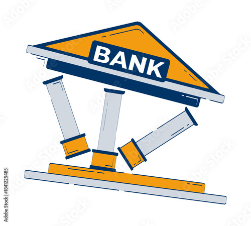 Collapsing bank structure 2D doodle object. Financial institution instability. Broken finance. Economic failure cartoon element flat vector clipart isolated on white. Hand drawn illustration