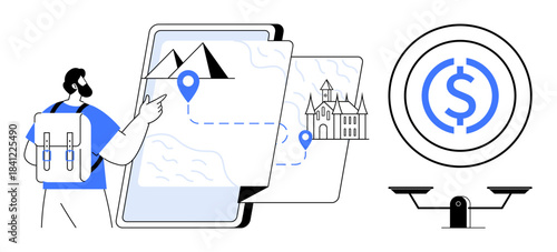 Travel planning, budgeting, tourism, destination navigation, adventure, cost management. A traveler with a backpack, maps with locations dollar sign and scales. Travel planning and budgeting idea