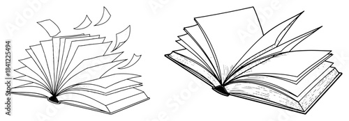 Hand drawn open book vector illustration set with flying pages and education concept sketch design