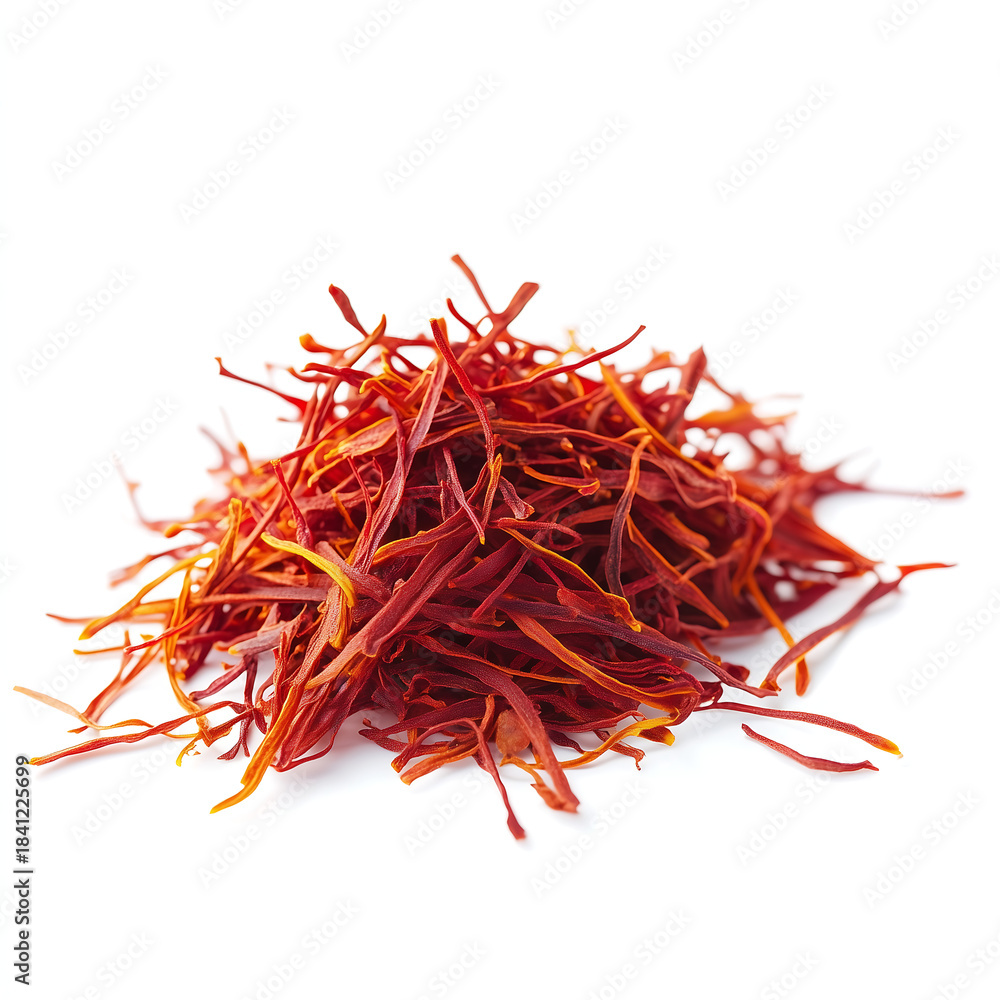 Naklejka premium Saffron Threads Isolated on White Background 하얀 배경에 분리된 사프란 실 가닥