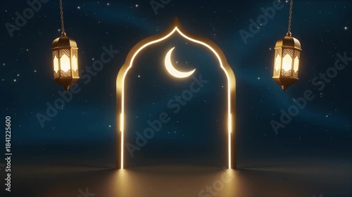 Lantern gate with glowing lights at night