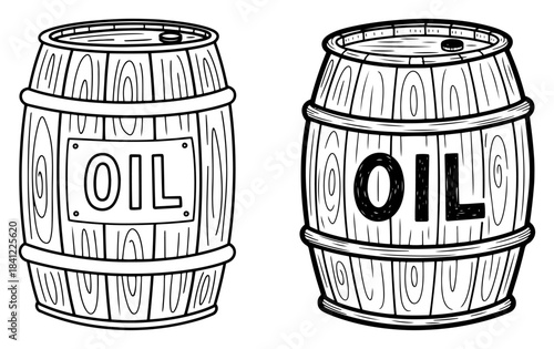 Hand drawn wooden oil barrel vector set with fuel container sketch illustration