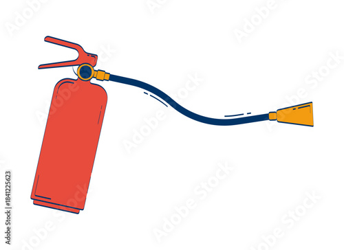 Red fire extinguisher with hose nozzle 2D doodle object. Safety equipment. Emergency preparedness. Firefighting cartoon element flat vector clipart isolated on white. Hand drawn illustration