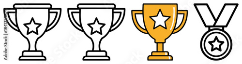 Winner trophy cup and medal vector set with gold award icons for champions