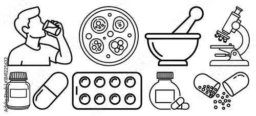 Probiotic and medical science line icon set with bacteria culture and medication symbols