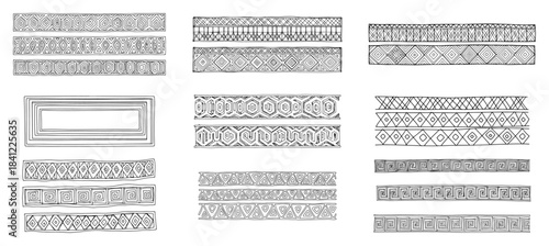Hand drawn geometric tribal border vector set with ethnic ornamental dividers
