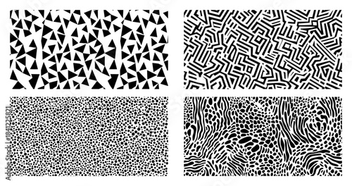 Geometric and organic vector pattern set with abstract triangle maze dot and animal skin textures