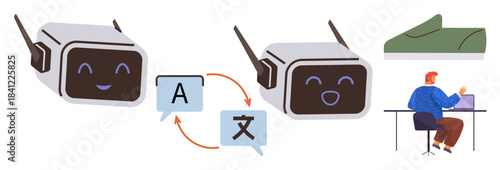 Two AI robots exchanging chat bubbles with language codes, a man working on a laptop, and a file folder. Ideal for technology, AI support, communication, education, language learning, teamwork