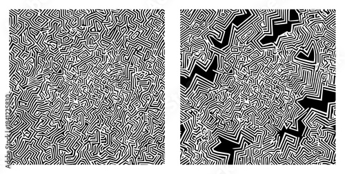 Abstract Geometric Labyrinth Pattern Vector Set with Optical Illusion and Zigzag Camouflage Texture in Black and White