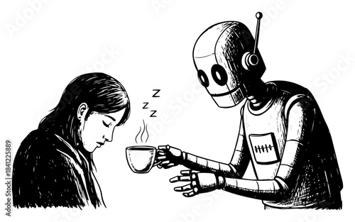 Robot serving coffee to sleepy woman vector sketch illustrating artificial intelligence assistance concept