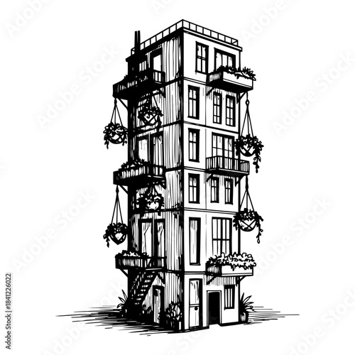 Hand drawn tall residential apartment building vector illustration with balconies and potted plants sketch