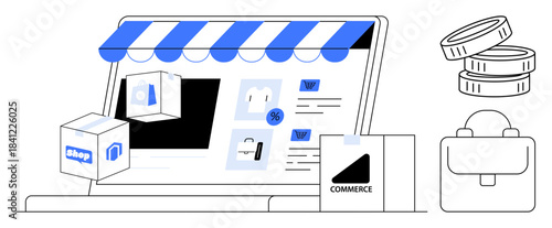 E-commerce, online shopping, digital marketing, retail business, online transactions, money management. A laptop displays a storefront with packages, coins and shopping elements. E-commerce