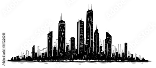 Modern City Skyline Panorama Vector Illustration Urban Skyscraper Architecture Sketch with Reflection