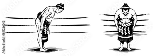 Japanese sumo wrestler bowing in ring vector illustration set in vintage black and white sketch style