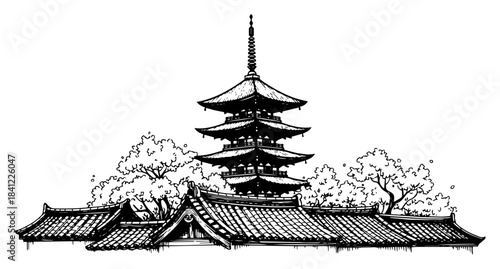 Traditional Japanese pagoda temple architecture with tiered roofs vector illustration in vintage sketch style