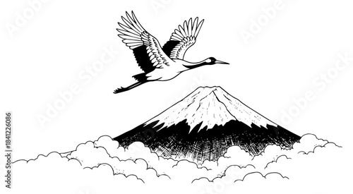 Japanese crane bird flying over Mount Fuji peak Vector black and white sketch illustration of famous volcano and symbol of longevity
